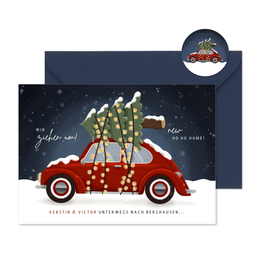 Umzugskarte Käfer mit Weihnachtsbaum - Karteneindruck