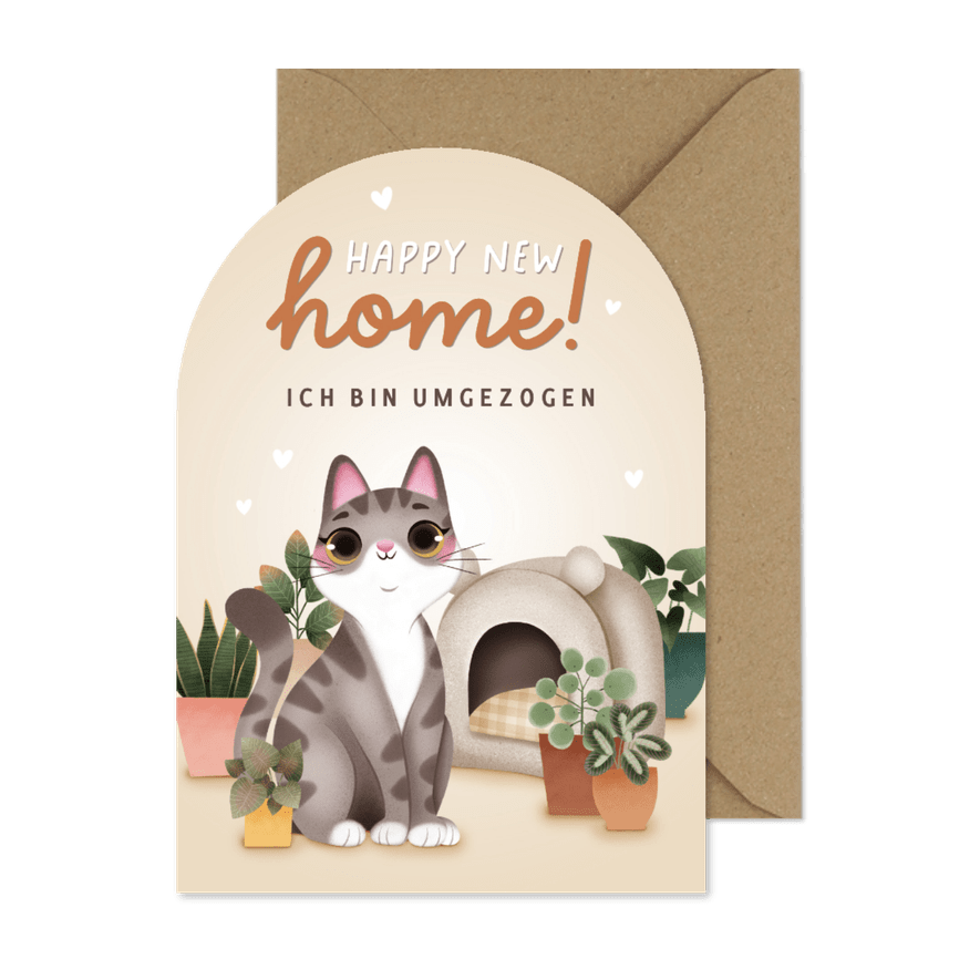Umzugskarte Katze mit Körbchen 'Happy New Home' - Kartenvorschau