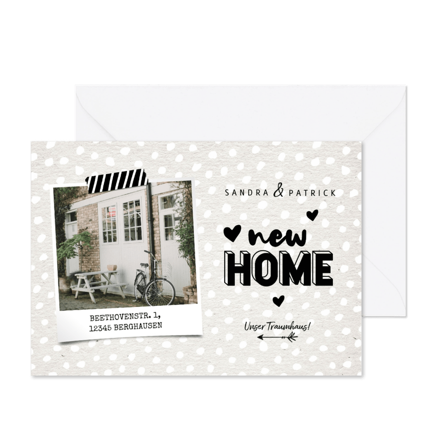 Umzugskarte mit eigenem Foto, Herzchen und Punkten - Karteneindruck
