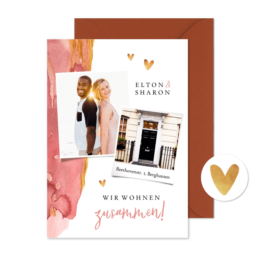 Umzugskarte mit Farbstreifen, Fotos und Herzchen - Karteneindruck
