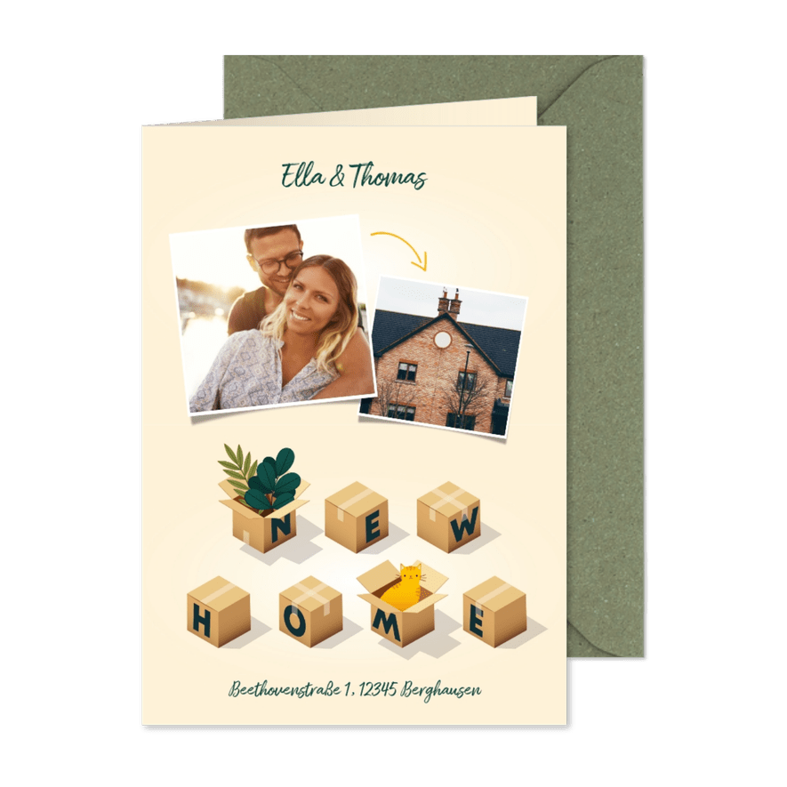 Umzugskarte mit Fotos und Umzugskartons - Karteneindruck