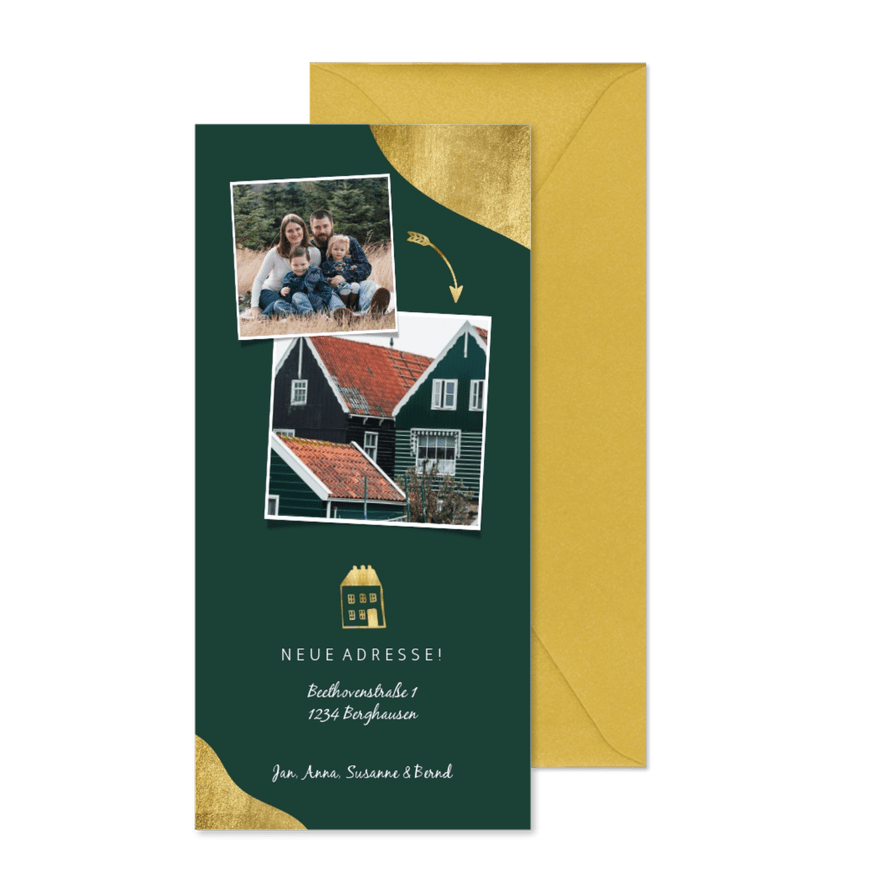 Umzugskarte mit goldenem Haus und Fotos - Karteneindruck

