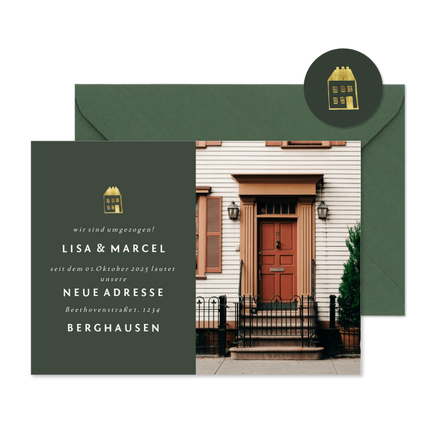 Umzugskarte mit großem Foto und goldenem Haus - Karteneindruck