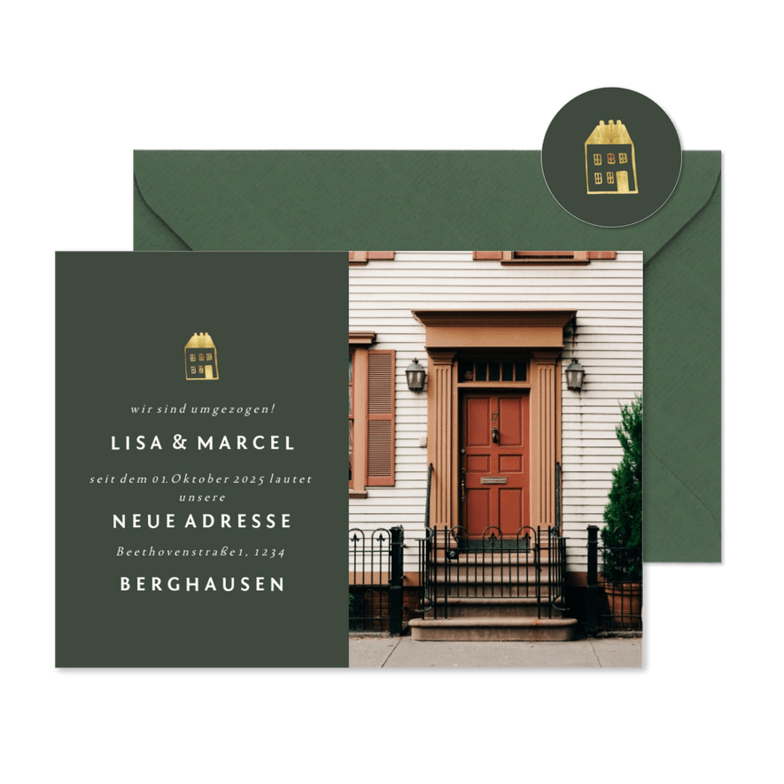 Umzugskarte mit großem Foto und goldenem Haus - Karteneindruck