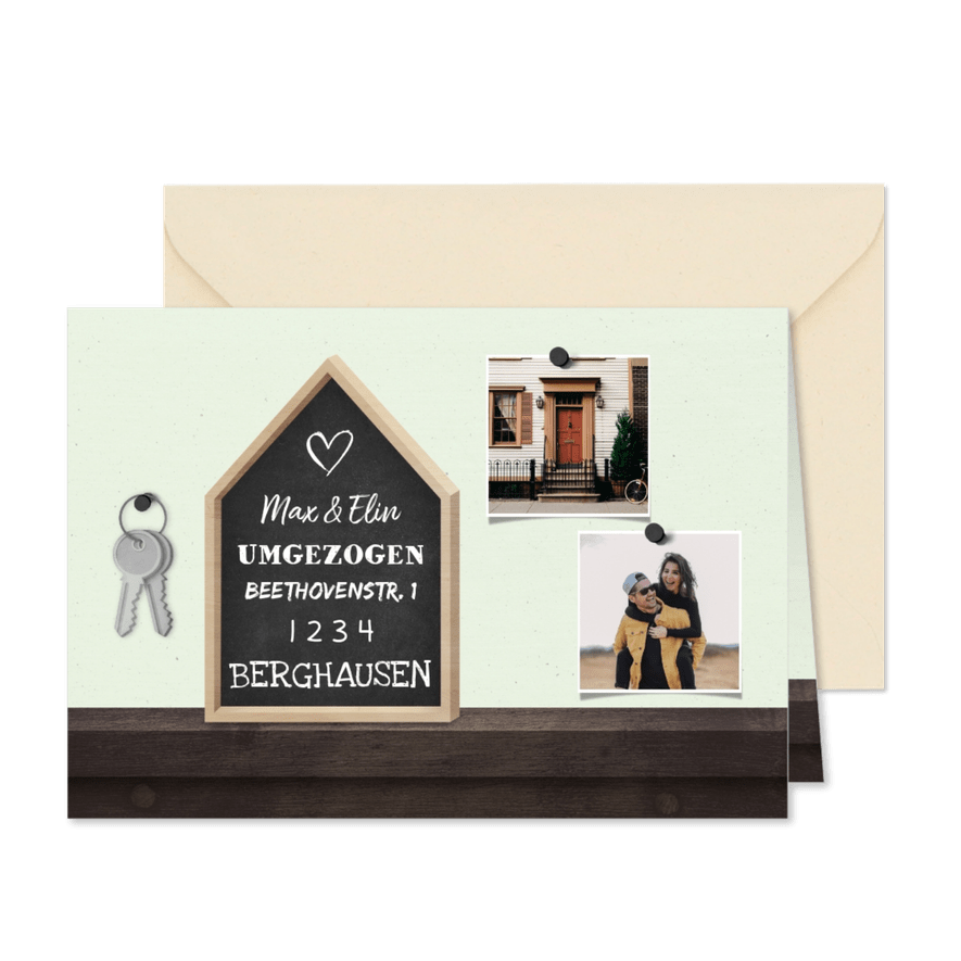 Umzugskarte mit Haus, Fotos und Schlüsseln - Karteneindruck