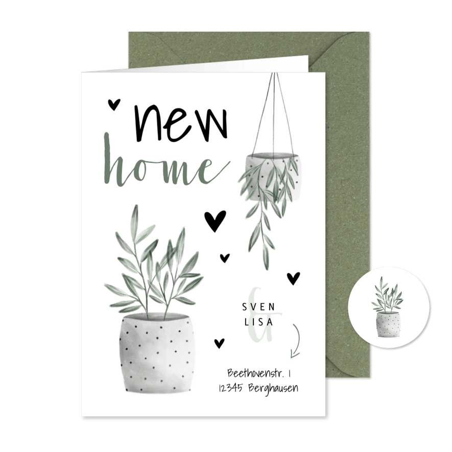 Umzugskarte mit Pflanzen, Herzchen und Foto innen - Karteneindruck