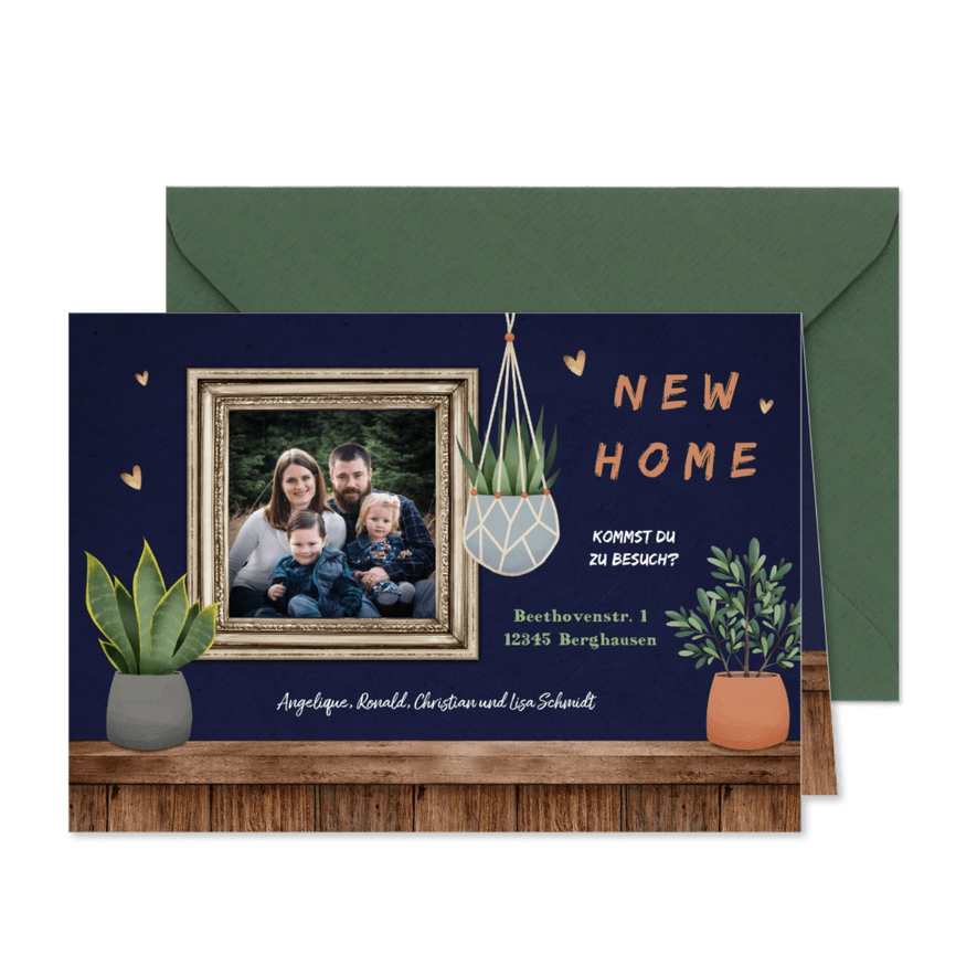 Umzugskarte 'new home' Foto in Rahmen und Pflanzen - Karteneindruck