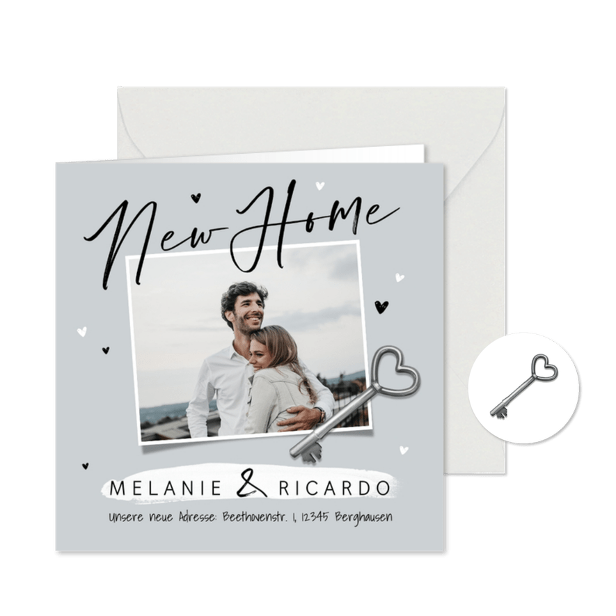 Umzugskarte 'New Home' mit Foto und Schlüssel - Karteneindruck