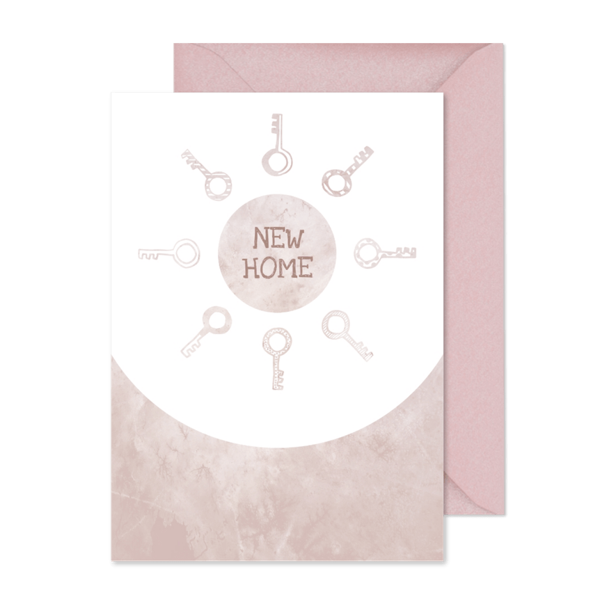 Umzugskarte 'new home' rosa mit Schlüsseln - Karteneindruck