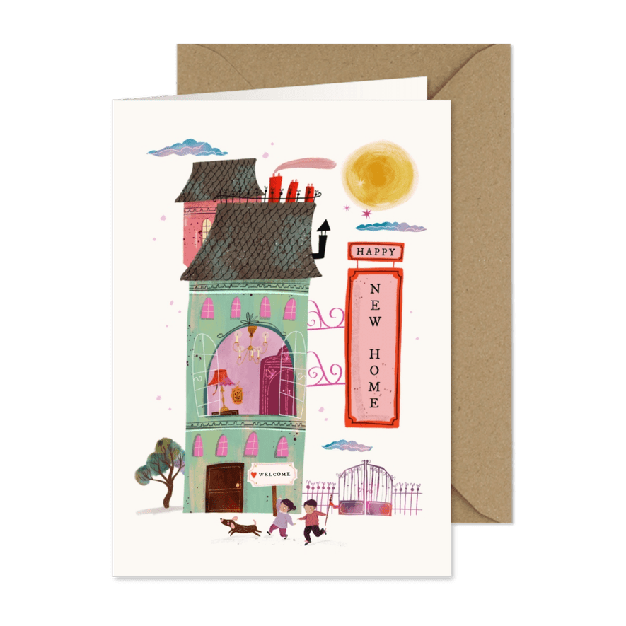 Umzugskarte Retrostil mit Haus und Kindern - Karteneindruck
