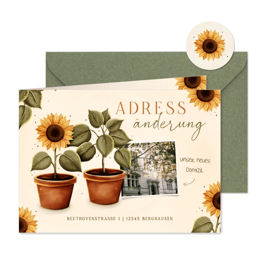 Umzugskarte Sonnenblumen Topfpflanze Foto - Karteneindruck
