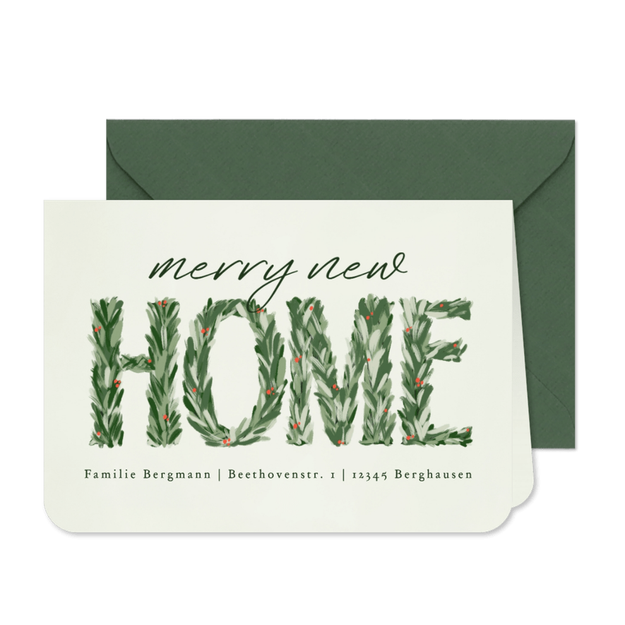 Umzugskarte Tannenzweige Weihnachten 'Happy New Home' grün - Karteneindruck
