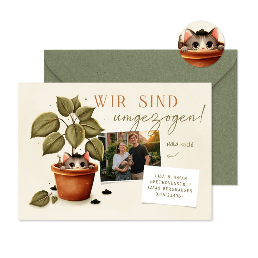 Umzugskarte Topfpflanze Tigerkatze mit Foto neue Adresse - Karteneindruck