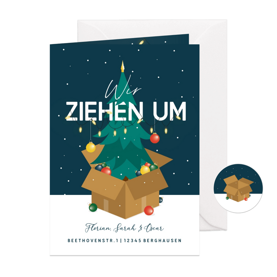 Umzugskarte Weihnachsbaum & Karton - Karteneindruck
