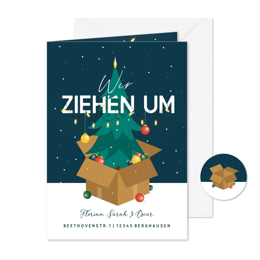 Umzugskarte Weihnachsbaum & Karton - Karteneindruck