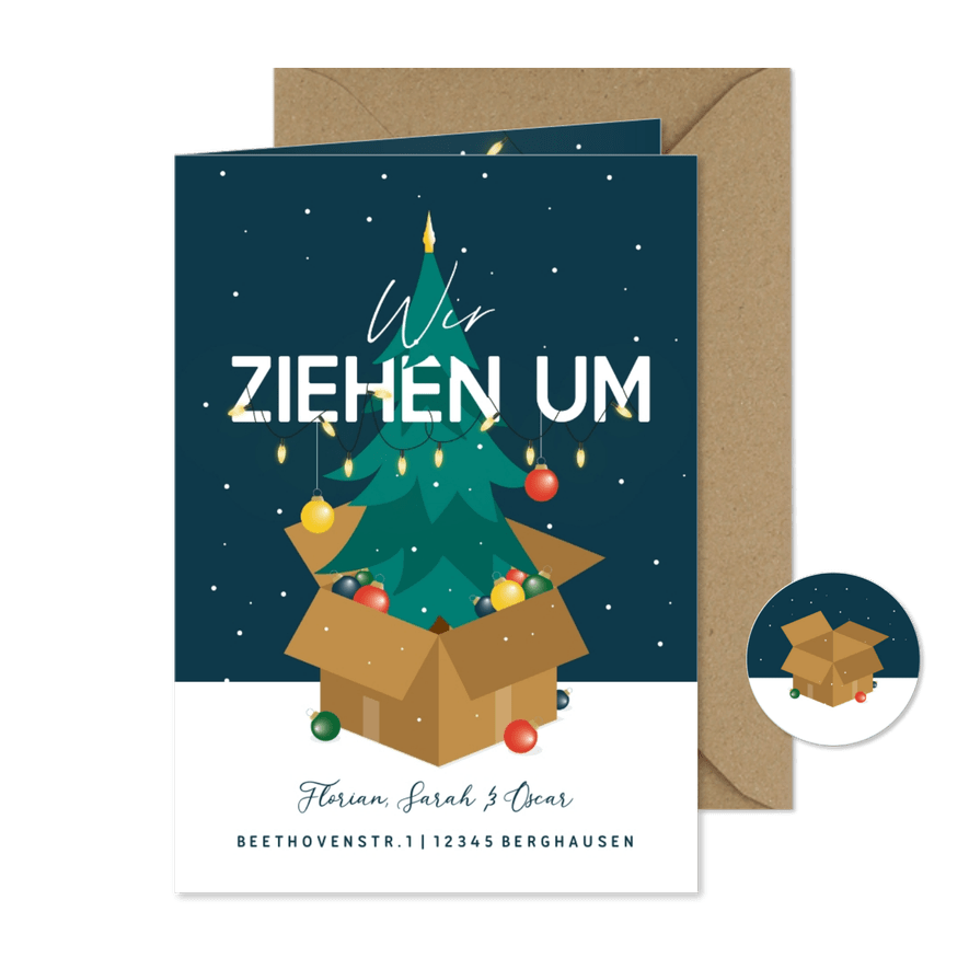 Umzugskarte Weihnachsbaum & Karton - Karteneindruck