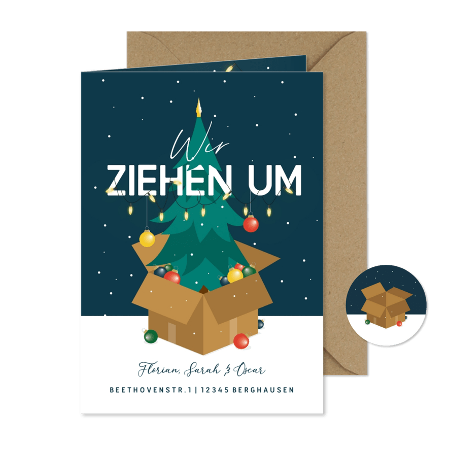 Umzugskarte Weihnachsbaum & Karton - Karteneindruck