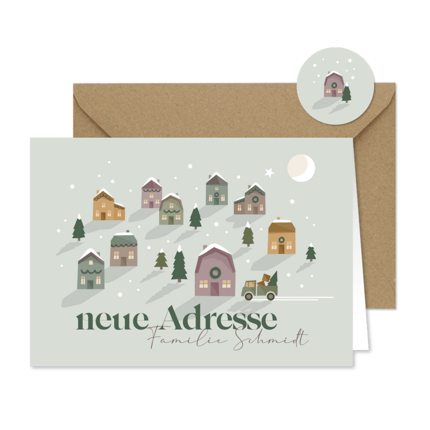 Umzugskarte Weihnachten Häuser mit Umzugswagen - Karteneindruck

