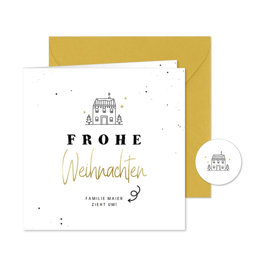 Umzugskarte Weihnachten Haus mit Tannenbäumen - Karteneindruck