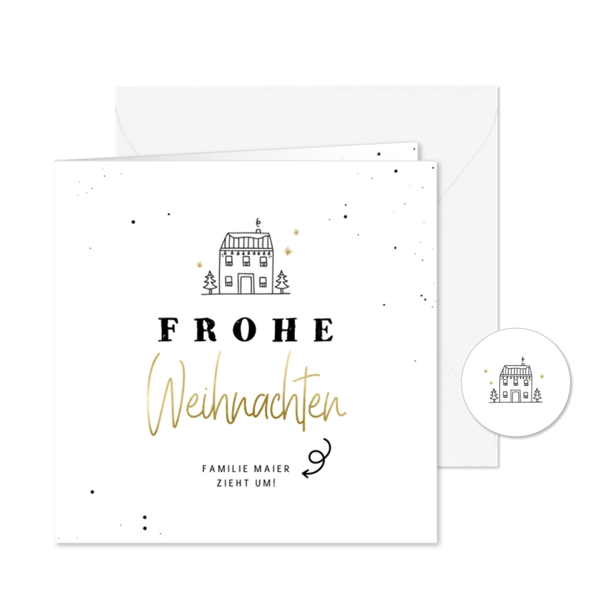 Umzugskarte Weihnachten Haus mit Tannenbäumen - Karteneindruck
