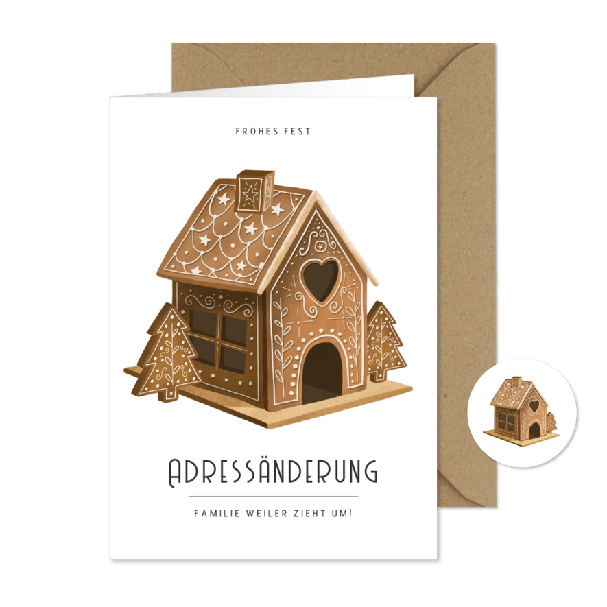 Umzugskarte Weihnachten Lebkuchenhaus - Karteneindruck
