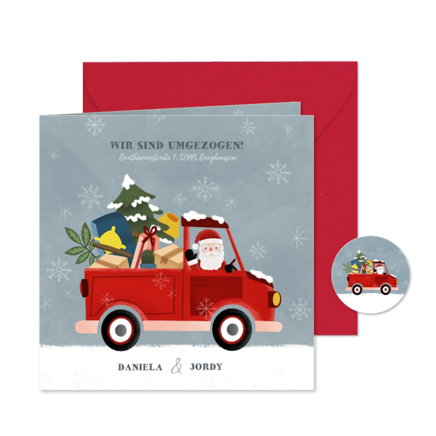 Umzugskarte Weihnachten Weihnachtsmann im Auto - Karteneindruck