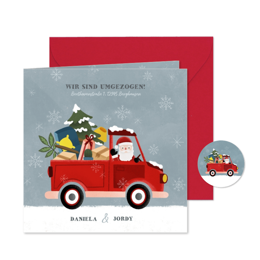 Umzugskarte Weihnachten Weihnachtsmann im Auto - Kartenvorschau