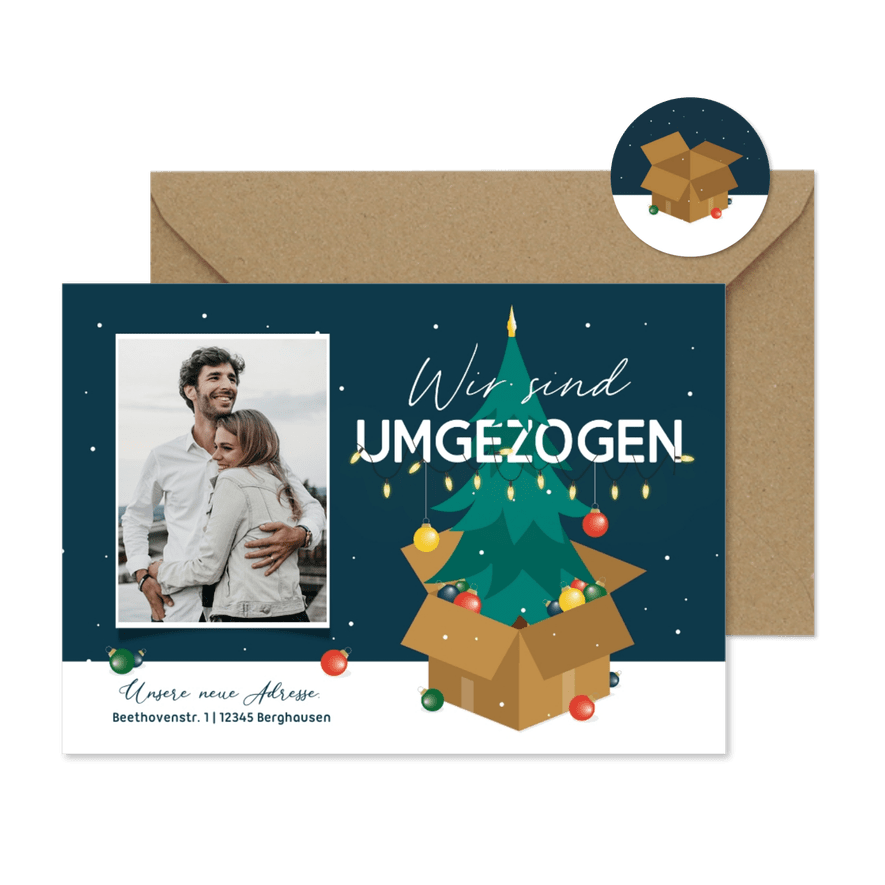 Umzugskarte Weihnachtsbaum im Karton - Karteneindruck
