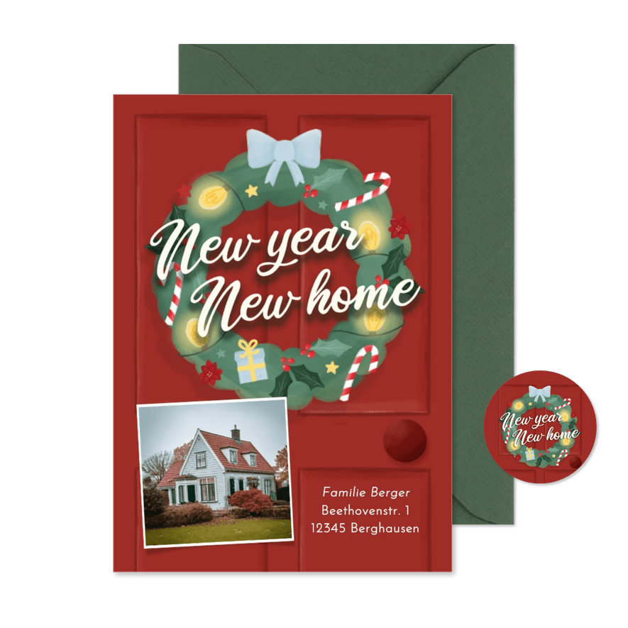 Umzugskarte Weihnachtskranz an Tür mit Foto - Karteneindruck
