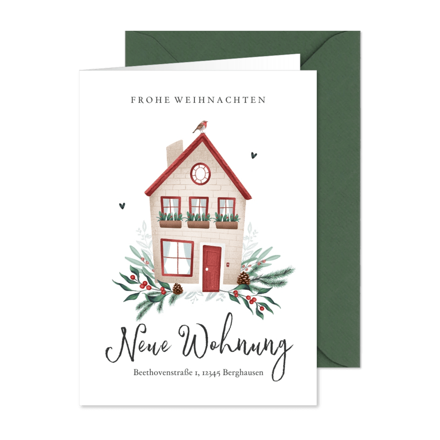 Umzugskarte zu Weihnachten mit Haus und Tannengrün - Kartenvorschau