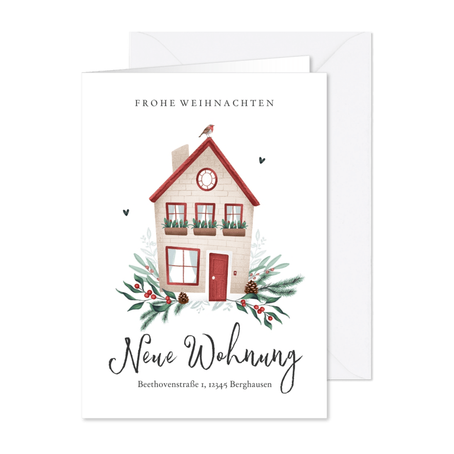 Umzugskarte zu Weihnachten mit Haus und Tannengrün - Karteneindruck