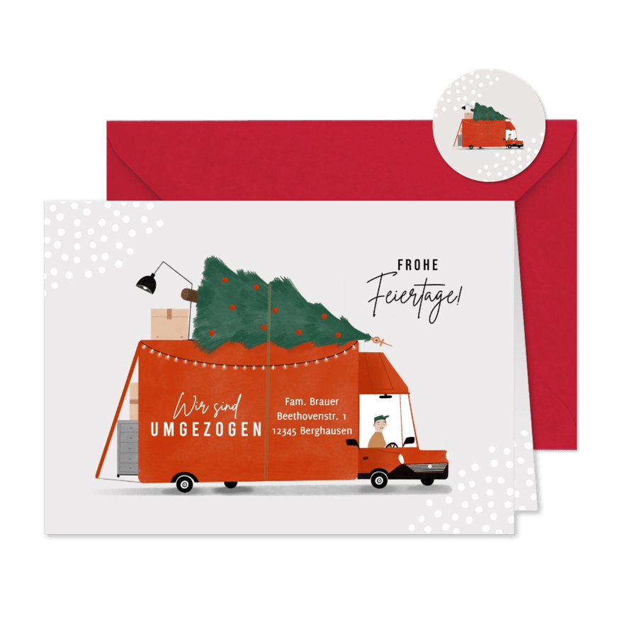 Umzugskarte zu Weihnachten mit Lastwagen & Weihnachtsbaum - Karteneindruck