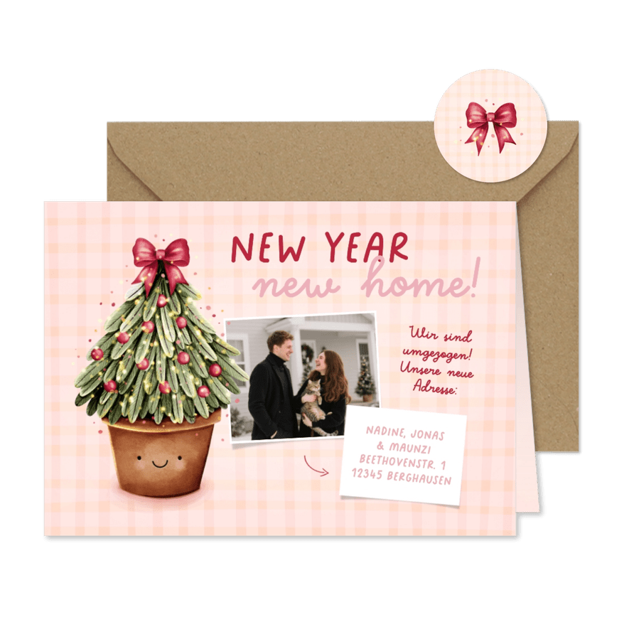 Umzugskarte zu Weihnachten mit Tannenbaum im Topf - Karteneindruck
