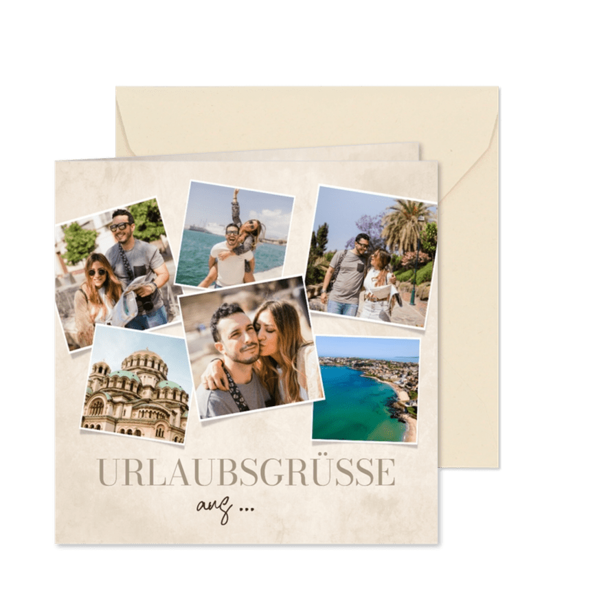 Urlaubsgrüße 6 Fotos auf Beige Grußkarte - Karteneindruck