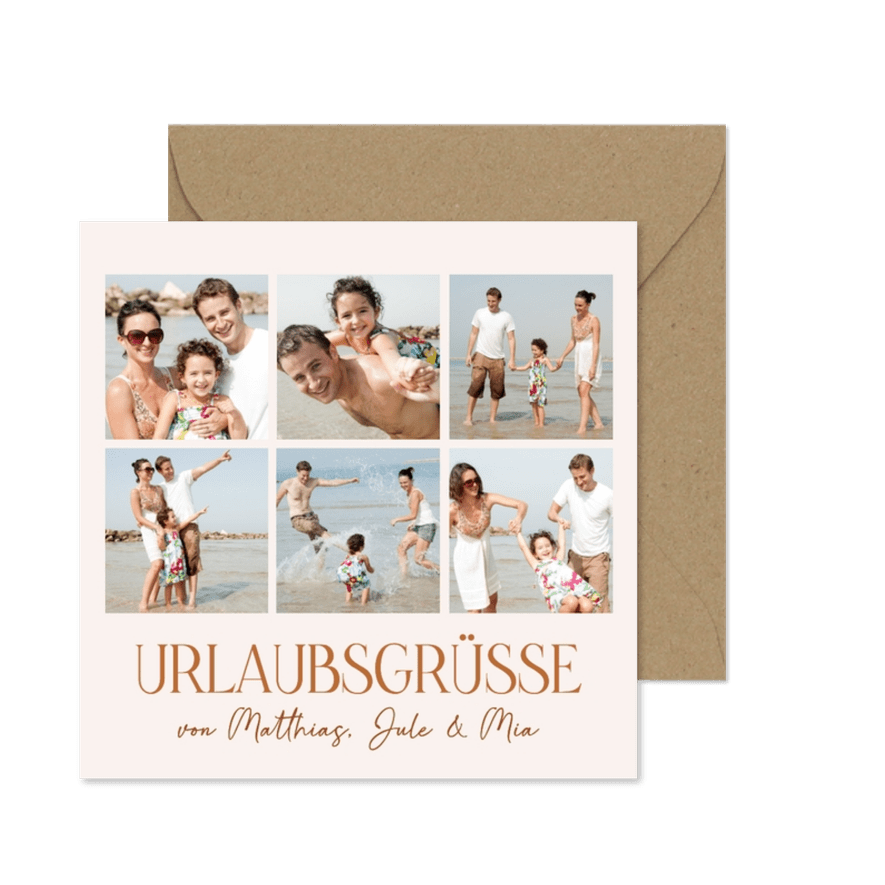 Urlaubsgrüße als Fotocollage mit 6 eigenen Fotos auf Beige - Karteneindruck
