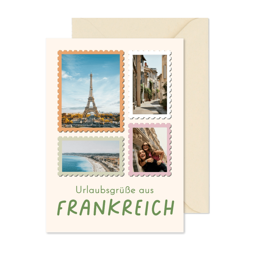 Urlaubskarte Briefmarken Fotorahmen Collage - Karteneindruck