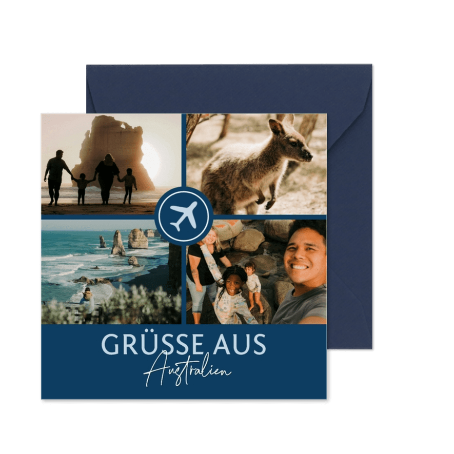Urlaubskarte Fotocollage Flugzeug auf Blau - Karteneindruck
