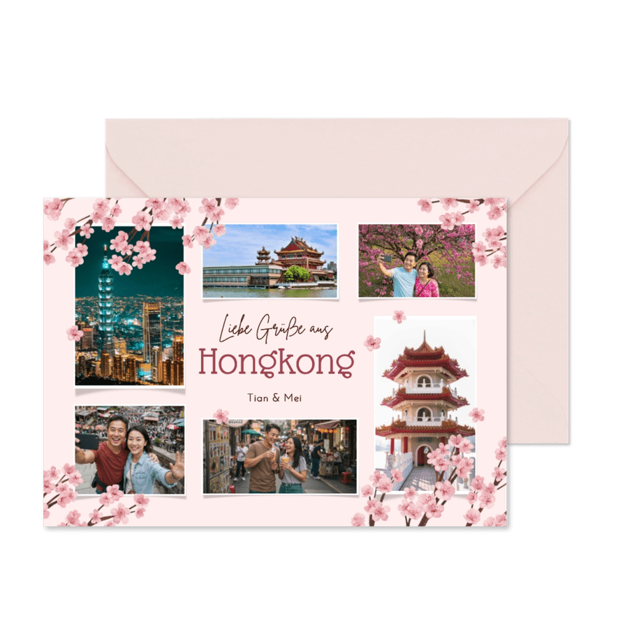 Urlaubskarte Fotocollage Kirschblüten rosa - Karteneindruck
