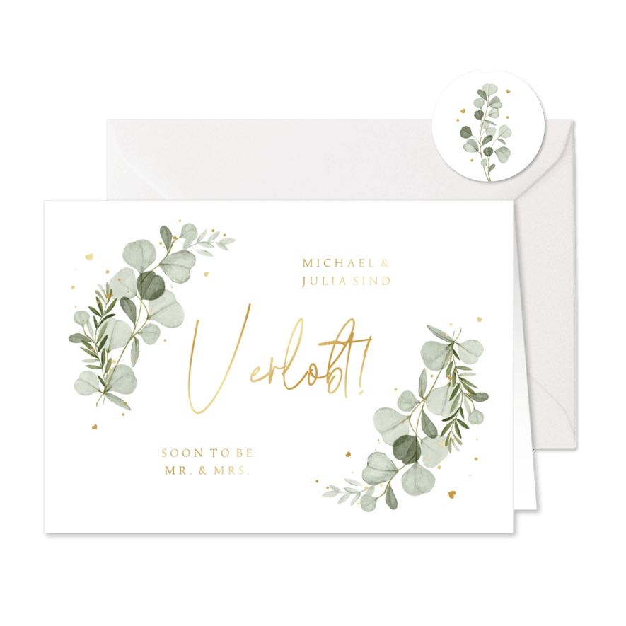 Verlobungskarte Aquarellzweige & Goldschrift - Karteneindruck
