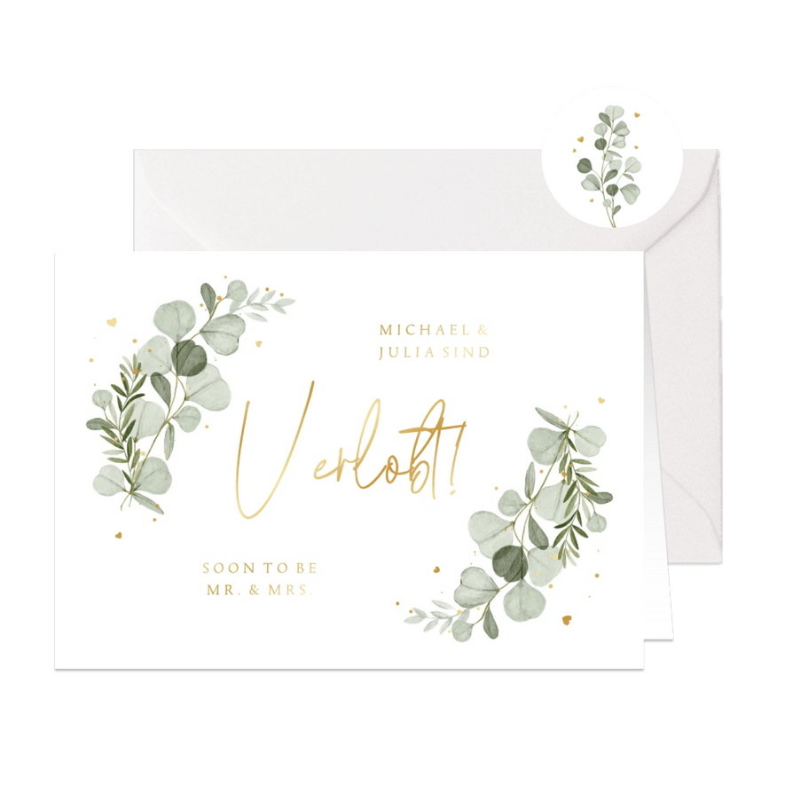 Verlobungskarte Aquarellzweige & Goldschrift - Karteneindruck
