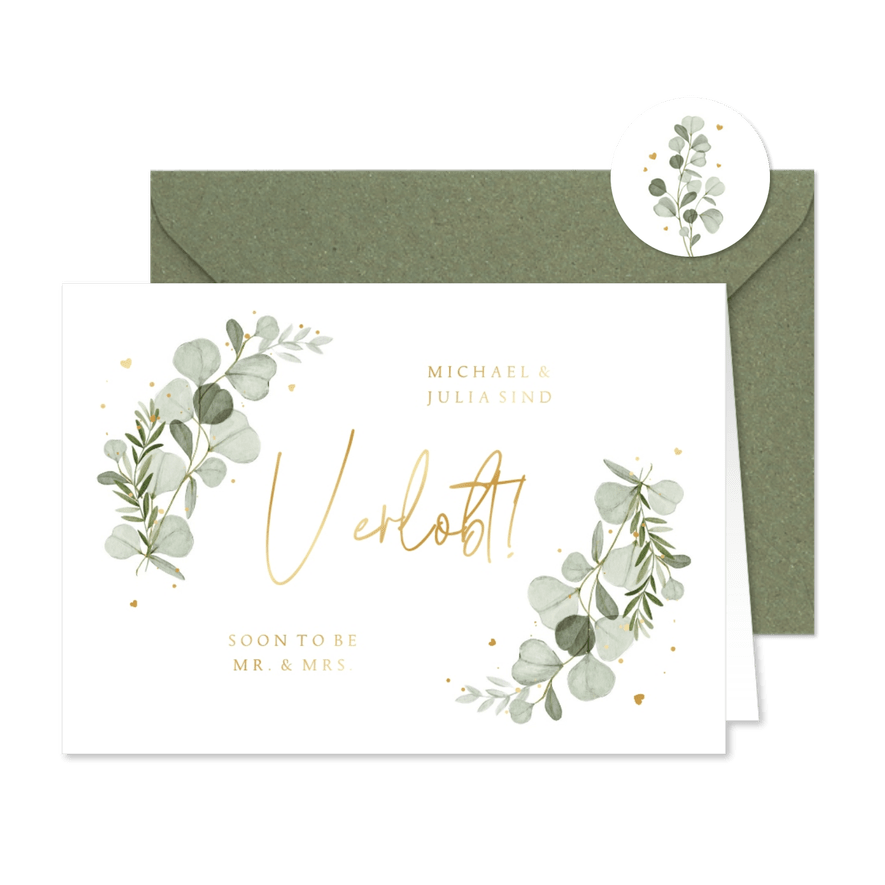 Verlobungskarte Aquarellzweige & Goldschrift - Kartenvorschau
