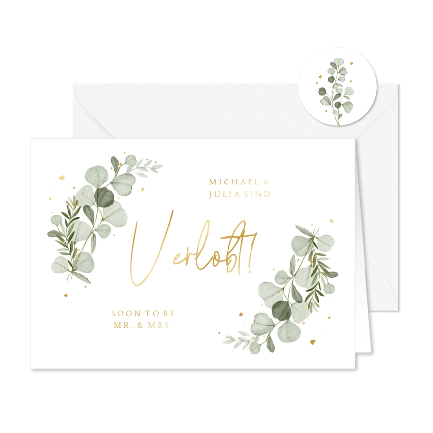 Verlobungskarte Aquarellzweige & Goldschrift - Karteneindruck
