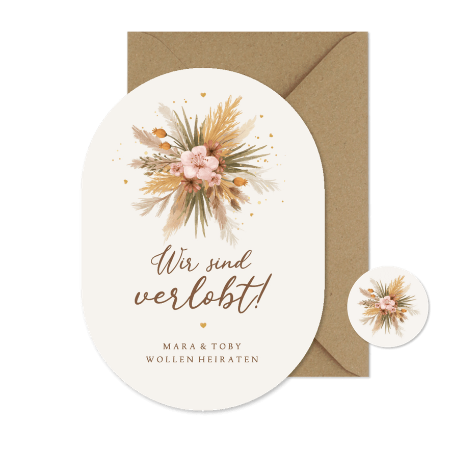 Verlobungskarte Einladung Boho Trockenblumegesteck oval - Karteneindruck
