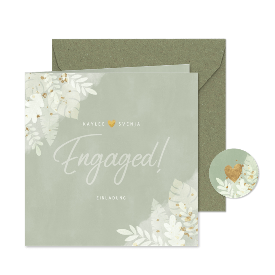 Verlobungskarte 'Engaged!' Dschungelblätter und Foto innen - Karteneindruck