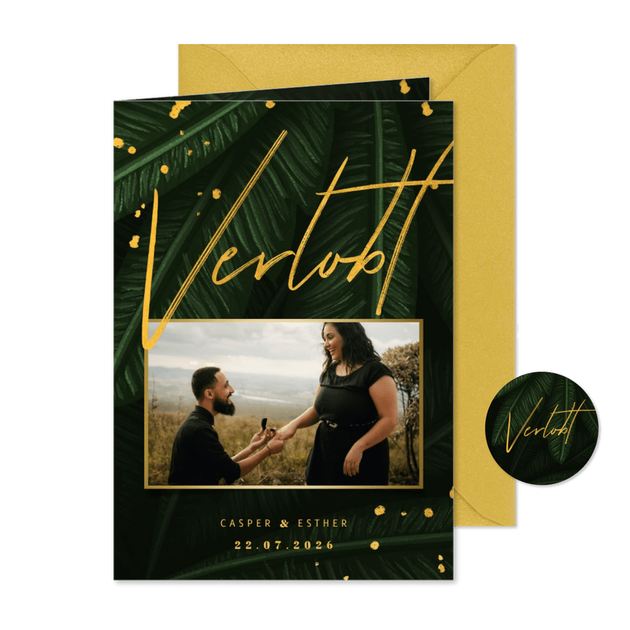 Verlobungskarte Foto, Gold & Palmen - Karteneindruck
