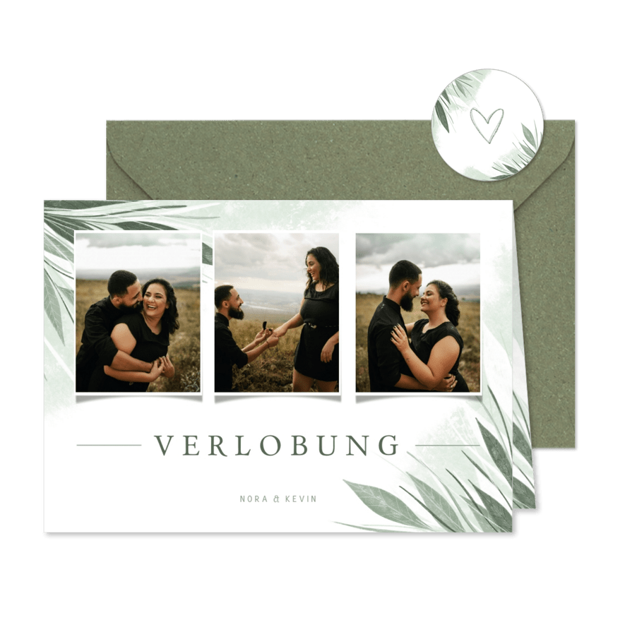 Verlobungskarte Fotocollage zierliche Blätter - Karteneindruck