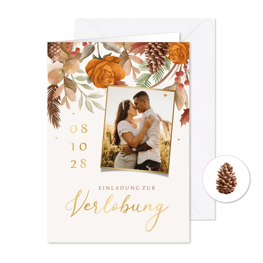 Verlobungskarte Herbststimmung mit Gold - Karteneindruck