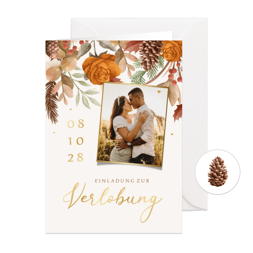 Verlobungskarte Herbststimmung mit Gold - Karteneindruck
