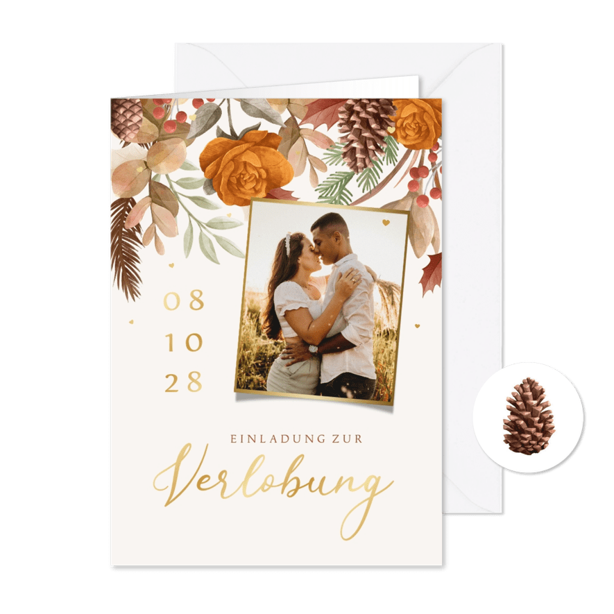 Verlobungskarte Herbststimmung mit Gold - Karteneindruck
