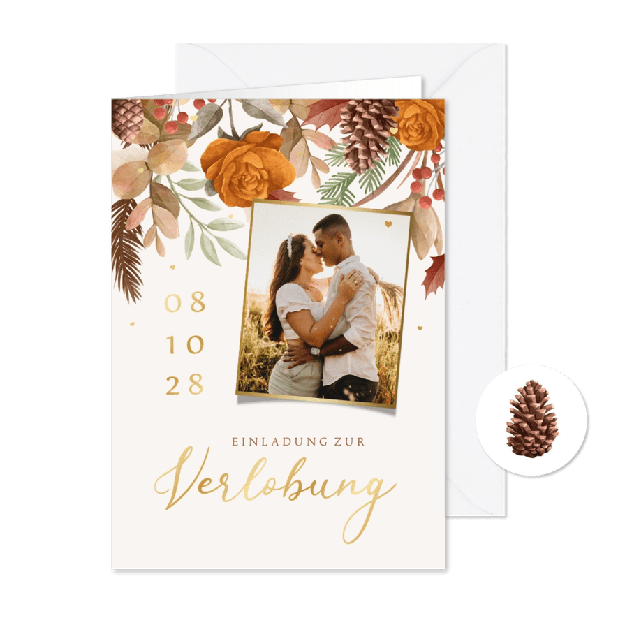 Verlobungskarte Herbststimmung mit Gold - Karteneindruck
